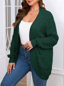 SHEIN Clasi Áo len cardigan dài tay màu trơn cỡ lớn có túi, mùa đông - Màu xanh lá cây đậm - Xem 3