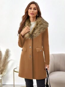 SHEIN Clasi Women's Solid Color Fluffy Patchwork Front Button Pocket Long Sleeve Overcoat - Rust Brown - View 5