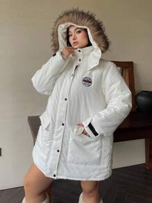 Flirla Plus Size Thermal White And Black Colorblock Fluffy Button Hooded Casual Padded Padded Coat Clothes Winter - White - View 2