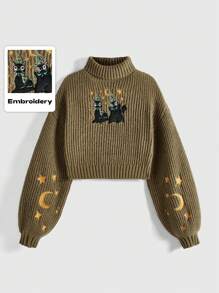 Libbyframe Cartoon Embroidered Oversized Pullover Sweater, School