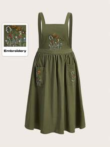 ROMWE Fairycore Plus Size Renaissance Floral Embroidery Pocket Front Overall Dress - Army Green - View 1