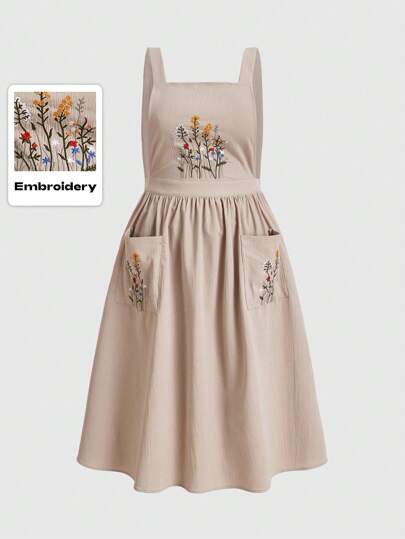 Fairycore Plus Robe Salopette Brodé Fleur À Poche