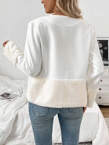 Chiquease Elegante Chaqueta blanca de mezcla de lana con cuello redondo, manga larga, diseño de parches de piel sintética de conejo, botones de perla y cálida para otoño/invierno