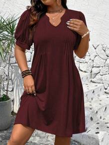 SHEIN LUNE Plus Size V-Neck Solid Color Casual Short Sleeve Dress For New Year Clothes - Red - View 1