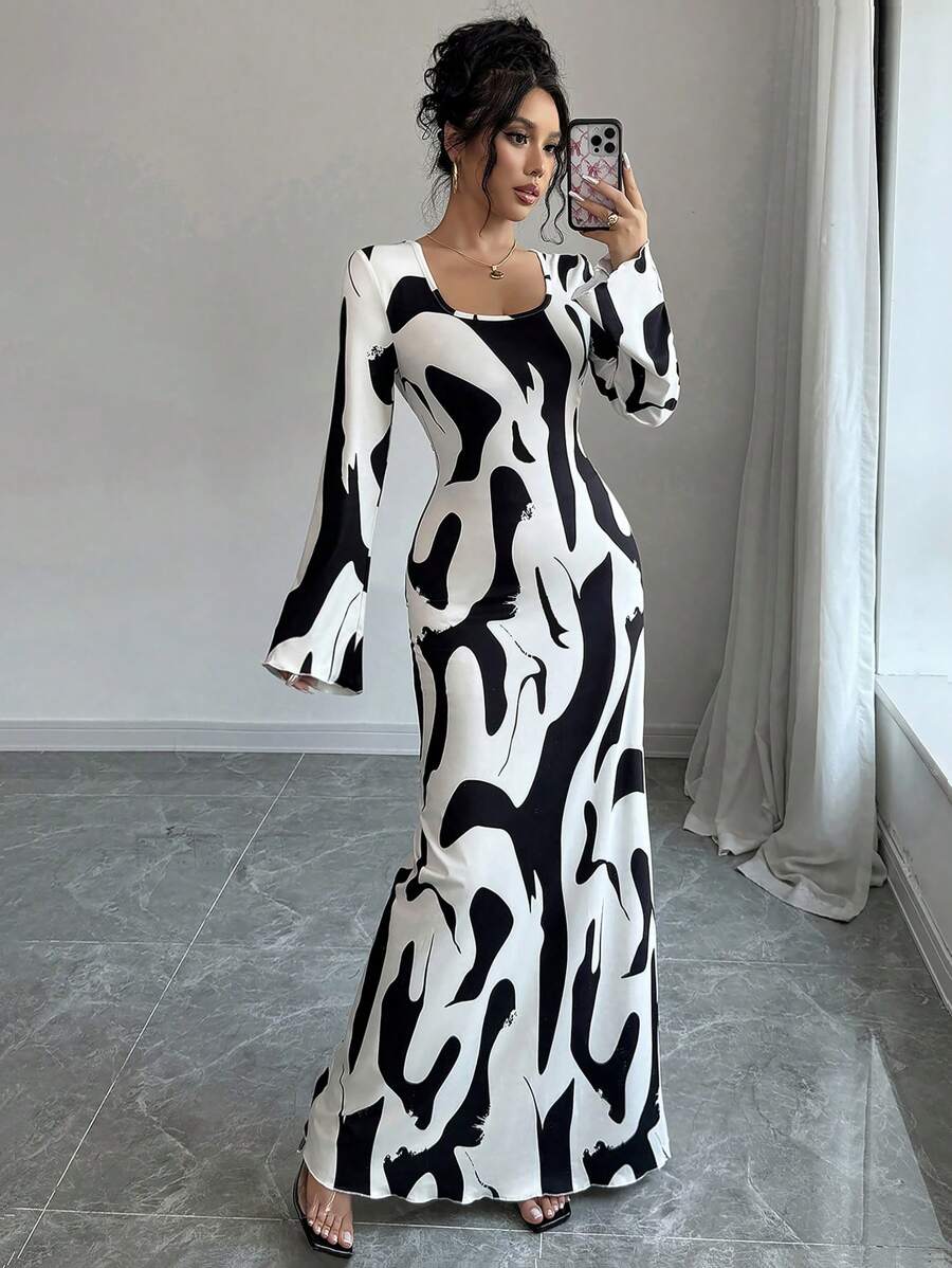 Chiquease Calvaya Urban Chic 动物印花喇叭袖口圆领长袖收腰连衣裙，适合女士，秋冬/适合日常/短款舞会礼服/女士非洲连衣裙/绷带连衣裙/商务休闲/秋季、万圣节、返校节、返校 - 黑與白 - 查看 1