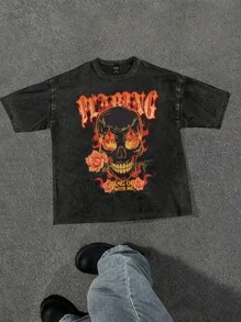 Manfinity Unisex 男士火焰骷髅印花宽松圆领短袖T恤，适合夏季、万圣节