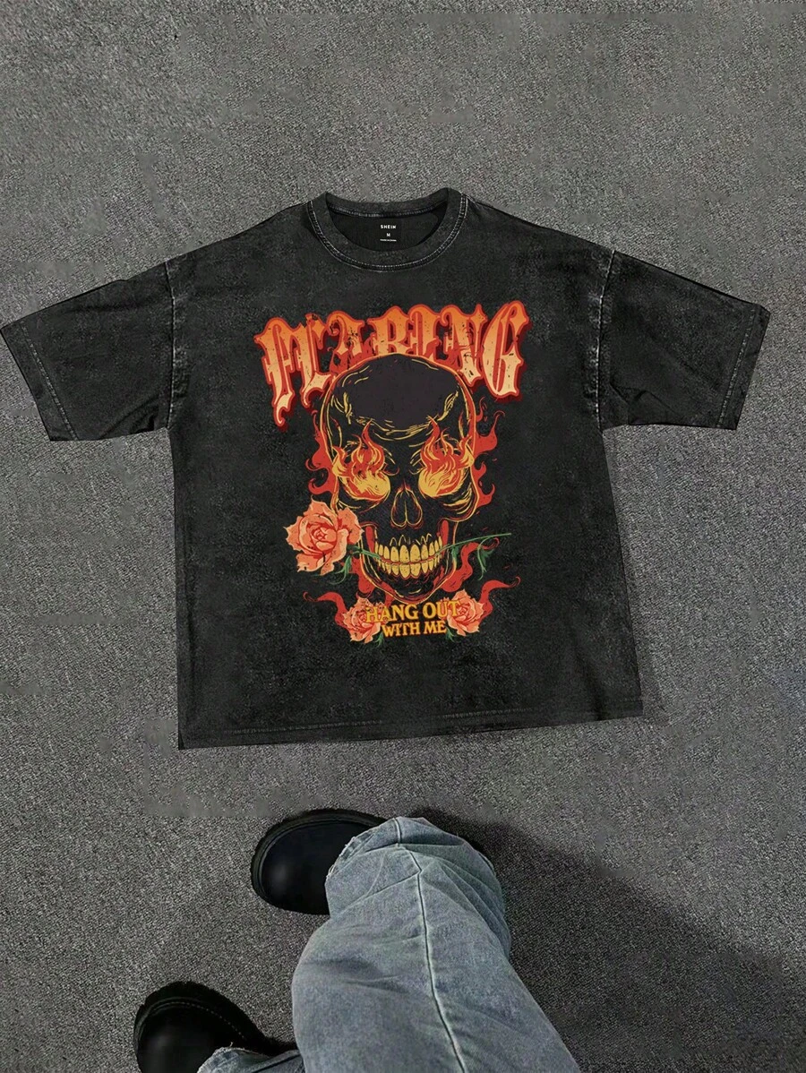 Manfinity Unisex 男士火焰骷髅印花宽松圆领短袖T恤，适合夏季、万圣节