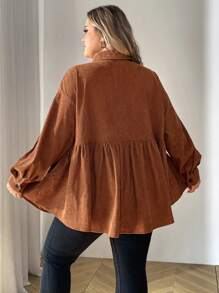 SHEIN CURVE+ Plus Size Stand Collar Color Block Button Dual Pockets Corduroy Ruffle Hem Dolly Casual Holiday Long Sleeve Blouse, Fall Top Clothes