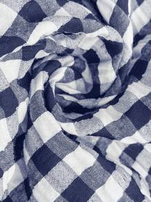 SHEIN VCAY 大码波西米亚风蕾丝前系带简约格子图案休闲长裤，适合夏季 - 藏蓝色 - 查看 5