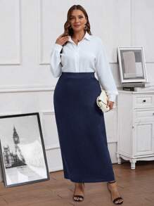 EMERY ROSE 大码女式纯色拉链优雅半身裙 - 藏蓝色 - 查看 5