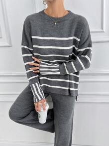 EURMUSE Women Stripe Pattern Round Neck Drop Shoulder Pullover & Sweater Pants Set - Grey - View 2