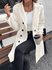 SHEIN LUNE LUNE Women's Slim Fit Double-Breasted Lapel Long Sleeve Overcoat - White - View 5