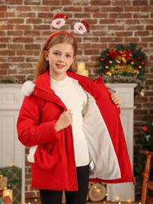 Tween Girl Extra Warm Padded Mid-Length Padded Coat With Fluffy Hooded Trim & Detachable Insulated Mittens, Fashionable & Cute For Winter, For Christmas - Red - View 7
