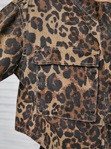 SHEIN Explorewe 少女时尚豹纹工装口袋长袖牛仔夹克 - 黑色 - 查看 4