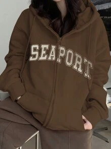 DAZY Women's Loose Fit Letter Print Fleece Sweatshirt, Autumn,Long Sleeve Tops Hoodie,Fall Women Clothes Jacket Zip Up,Winter