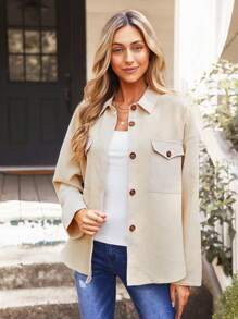 SHEIN VCAY Women's Patched Pocket Drop Shoulder Casual Long Sleeve Coat, Spring Autumn Fall,Halloween Costumes,Thanksgiving,Fall,Winter - Apricot - View 4