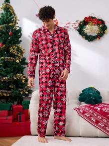 Men's Plaid Print Button-Up Long Sleeve Top And Pants Sleepwear Set - Black - View 7