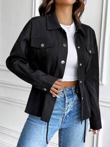 Chiquease Women's Solid Color Drop Shoulder Long Sleeve Loose Drawstring Jacket, Spring Autumn Fall Cloth For Women - Black - View 7