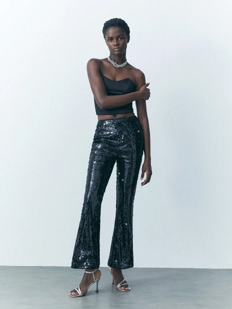 SHEIN Maija Pantalon évasé élégant pour femmes en tissu à perles noires et à paillettes, de couleur unie, taille élastique, fermeture éclair invisible sur le côté. Style urbain mode pour fête, début du printemps