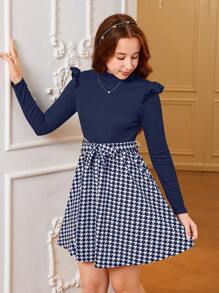 Teen Girls' Casual Flutter Sleeves Colorblock & Houndstooth Pattern Midi Dress, Autumn Winter - Navy Blue - View 6