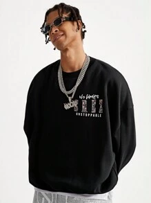 Manfinity VCAY Men's Loose Knitted Crew Neck Pullover Sweatshirt, For Fall Winter - Black - View 5