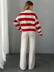 EURMUSE Women Stripe Pattern Mock Neck Pullover & Sweater Pants Set - Multicolor - View 4