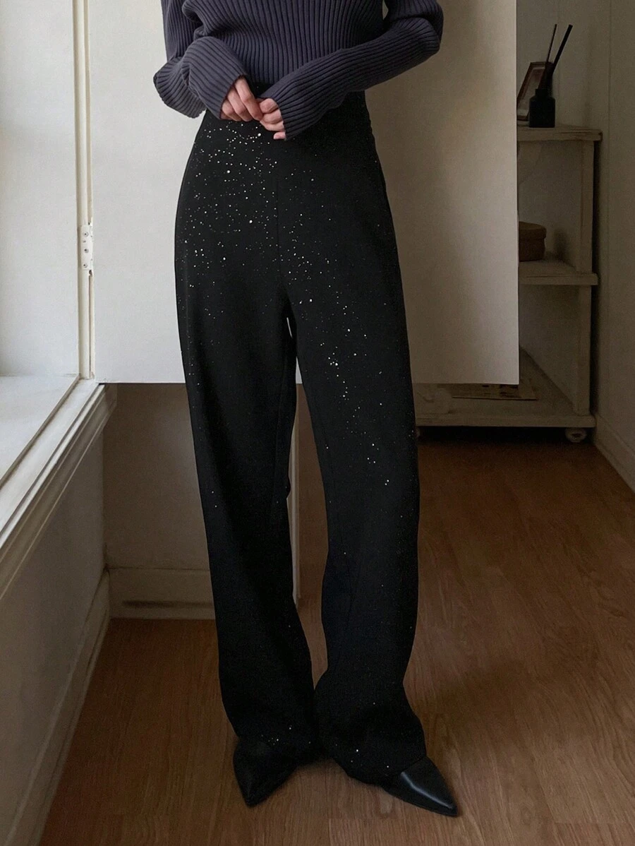 DAZY Spodnie z prostymi nogawkami z cekinami dla kobiet, strój na Nowy Rok, karnawał - Czarne - Zobacz 1