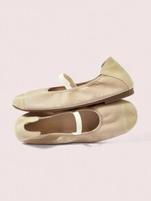 CUCCOO DOLLMOD 欧美风女式米色超柔天鹅绒蝴蝶结撞色拼接弹力休闲舒适平底芭蕾舞鞋 - 米色 - 查看 5