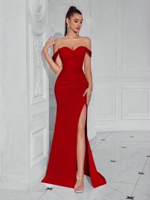 ADYCE Vestido de noche con hombros descubiertos, fruncido delantero, abertura y espalda descubierta, apto para fiesta formal, vestido de boda de invitado - Rojo - Ver 1