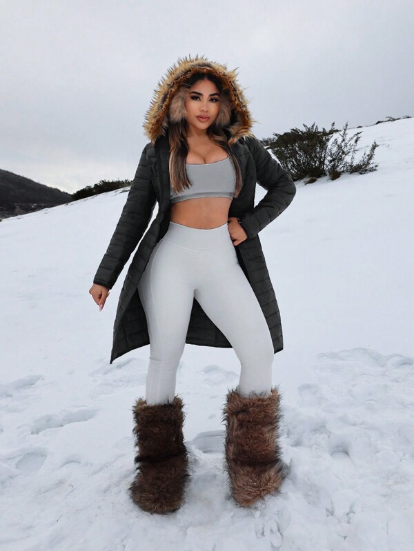 SHEIN SXY New Year's Wedding Season Party Elegant Casual Sexy Nightclub Valentine's Day Date Must-Have Autumn Winter Warm Long Hooded Long Sleeve Quilted Slim Coat Coat With Detachable Fake Fur Trim Strip And Hidden Pocket