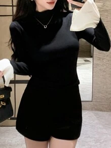 DAZY 女式拼色立领喇叭袖修身T恤，春秋长袖女上衣，秋季女装立领女装