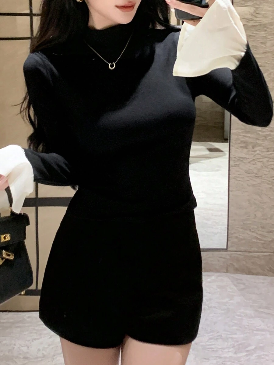 DAZY 女式拼色立领喇叭袖修身T恤，春秋长袖女上衣，秋季女装立领女装