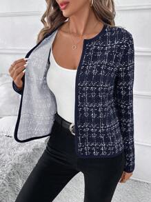 Editum 女士优雅格子印花长袖夹克，秋冬 - 藏蓝色 - 查看 3