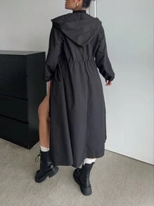 Sunspun Áo khoác dài tay cỡ lớn có mũ trùm đầu phía trước, dây rút ở eo - màu đen - Xem 6