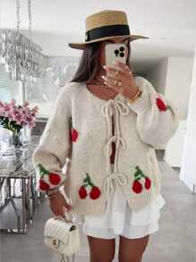 SHEIN Frenchy Áo khoác cardigan dài tay rộng rãi, dáng rộng, thắt nút phía trước, vai trễ, họa tiết quả anh đào, mùa thu/đông cho nữ, áo khoác cardigan dài tay thắt nút màu trơn cỡ lớn, đi làm, tối giản, trang phục công sở, phong cách cổ điển, đơn giản, áo len cardigan dệt kim màu trơn thắt nút phía trước cho nữ, có thể mặc bên ngoài áo phông, áo len cardigan cỡ lớn dễ thương, siêu ấm và mềm mại! - Nhiều màu - Xem 3