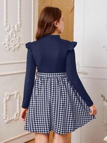 Teen Girls' Casual Flutter Sleeves Colorblock & Houndstooth Pattern Midi Dress, Autumn Winter - Navy Blue - View 2