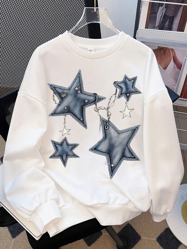 SHEIN Fashionable Star Print, Casual & Simple Loose Thick Crew Neck Sweatshirt Suitable For Teen Girls In Autumn And Winter