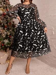 SHEIN Clasi Plus Size Women's Vintage Gothic Fashion Bat Allover Print Mesh Dress,Fall Halloween Clothes,Shiny Suitable For Party & Daily Wear Back To School Fall Wedding Guest