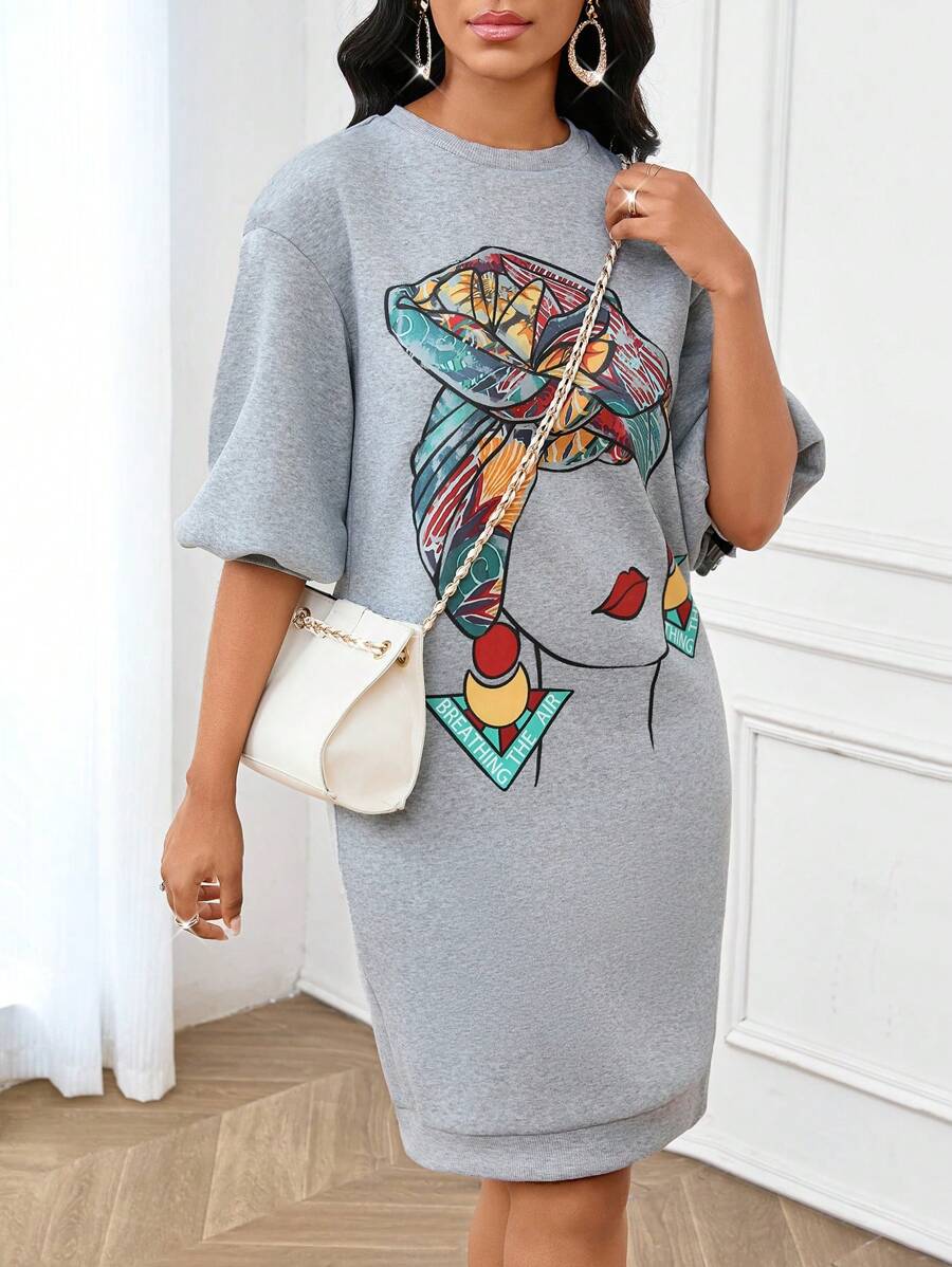 SHEIN Lady 四季印花秋季卫衣连衣裙万圣节肖像印花宽松卫衣女装2024年优雅女士卫衣 - 灰色 - 查看 1