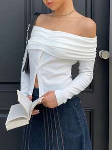 SHEIN EZwear Women's Bamboo Fiber Solid Color Off Shoulder Top - White - View 4