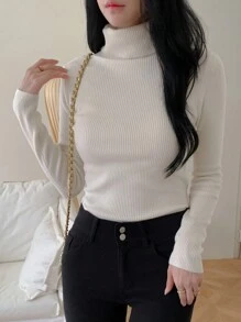 DAZY New Arrival Solid Color Turtleneck Slim Fit Sweater, Autumn,Long Sleeve Tops,Fall Women Clothes - White - View 2