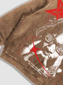 ROMWE MEN Street Life Men's Hip Hop Character Hooded Acid-Washed Sweatshirt - Khaki - View 4