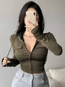 DAZY Spring & Autumn Casual Striped Hooded T-Shirt With Flap Pockets Long Sleeve Women Tops,Fall Women Clothes - Green - View 9