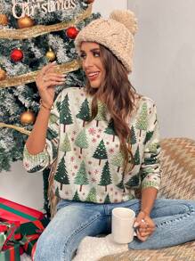 Chiquease Suéter de cuello redondo de manga larga con estampado de árbol de Navidad para mujer, tops de manga larga, jersey de punto para otoño e invierno - Multicolor - Ver 1