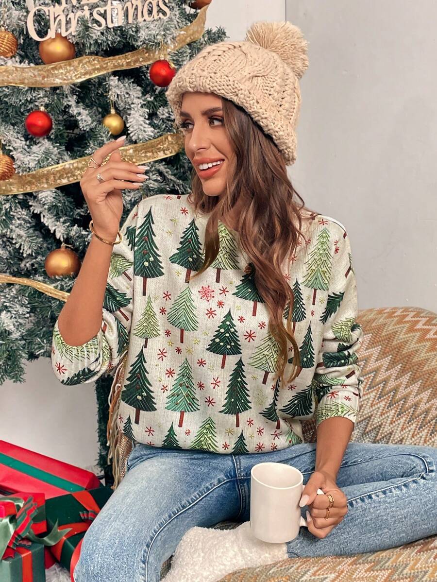 Chiquease Suéter de cuello redondo de manga larga con estampado de árbol de Navidad para mujer, tops de manga larga, jersey de punto para otoño e invierno - Multicolor - Ver 1