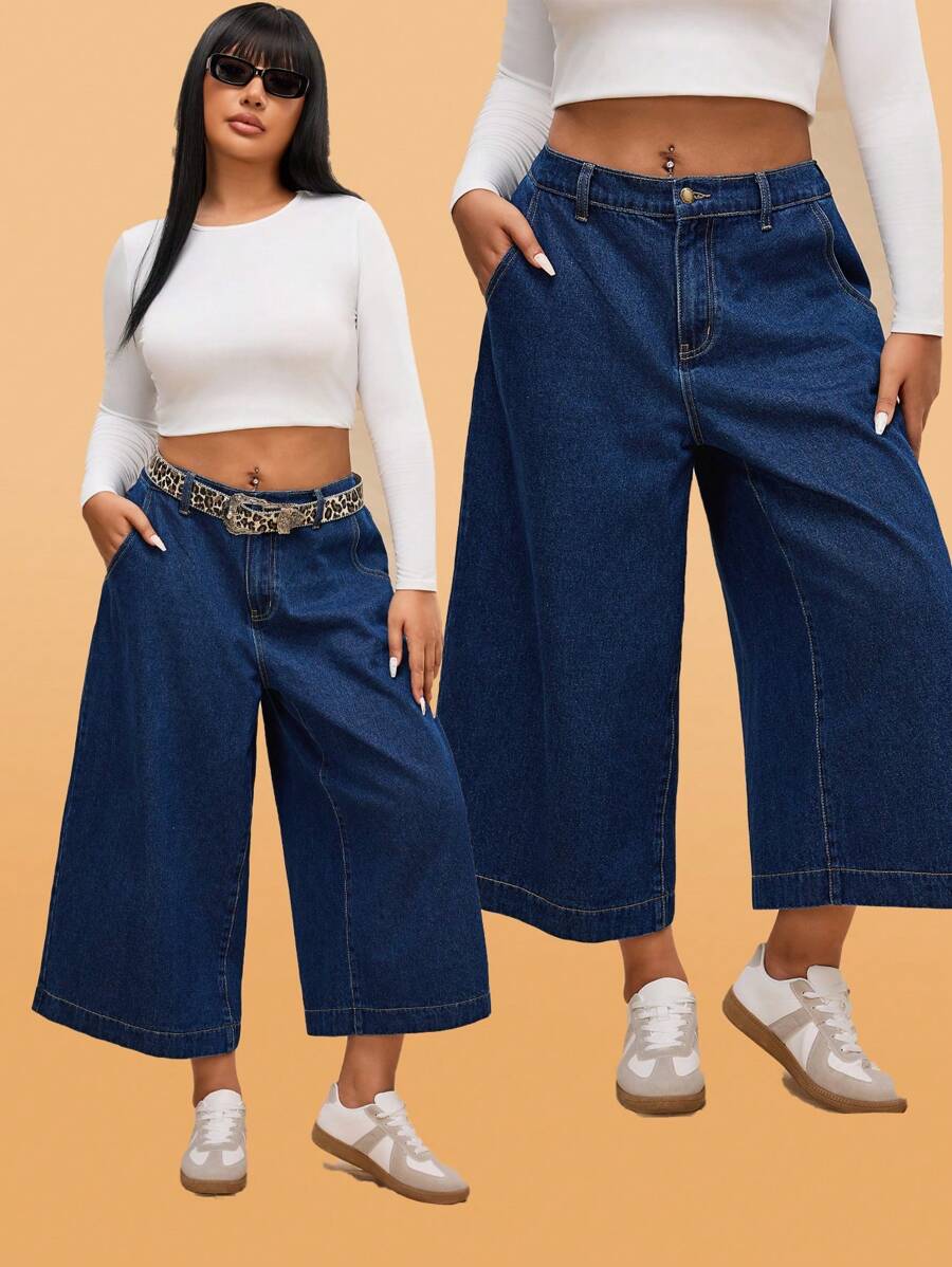 Forever 21 Plus Size Women's Wide Leg Cropped Denim Jeans - Blue - View 1