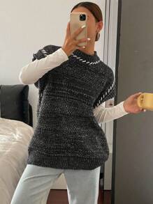 DAZY Chaleco de punto holgado de cuello redondo sin mangas con rayas de colores contrastantes para mujer, otoño e invierno - Gris - Ver 7