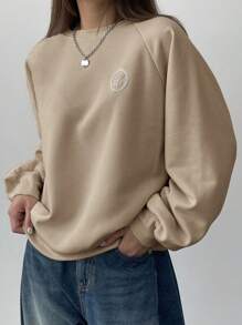 DAZY 女式宽松圆领长袖刺绣图案运动衫，秋季女装 - 卡其色 - 查看 4