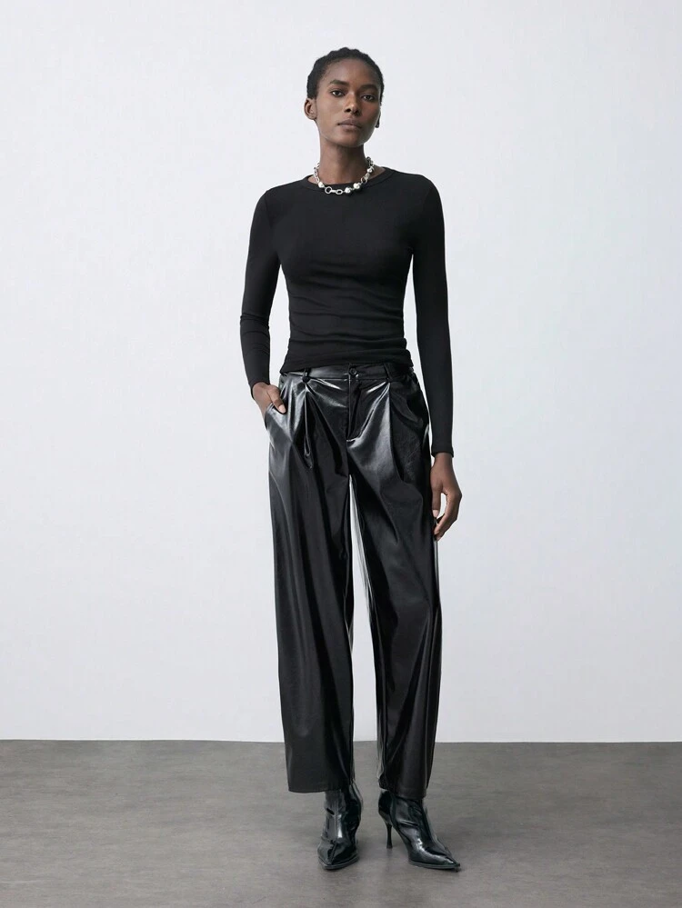 SHEIN Maija Women's Shiny PU Leather High Waisted Elastic Waist Black Pants, For Autumn/Winter