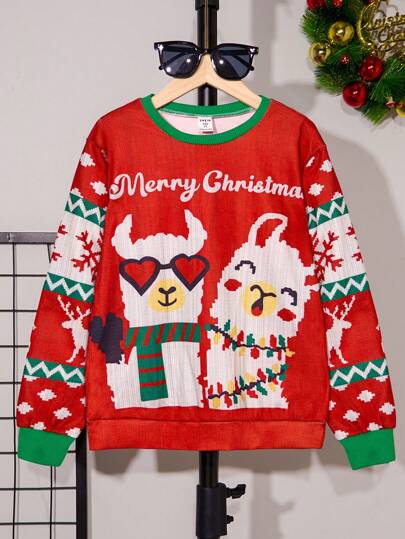 Tween Boy Casual Llama Cartoon Print Crew Neck Sweatshirt, Kerstthema, Relaxed Fit, Rood Wit Groen Patchwork, Comfortabel, Herfst/Winter Sweatshirt, Familie Matching Set